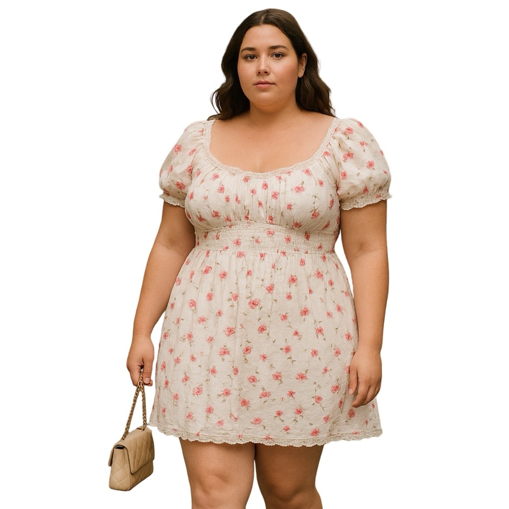 Sim & Sam Cream Mini Dress Chic Pink Floral Puff Sleeve Smocked fit and Flare
